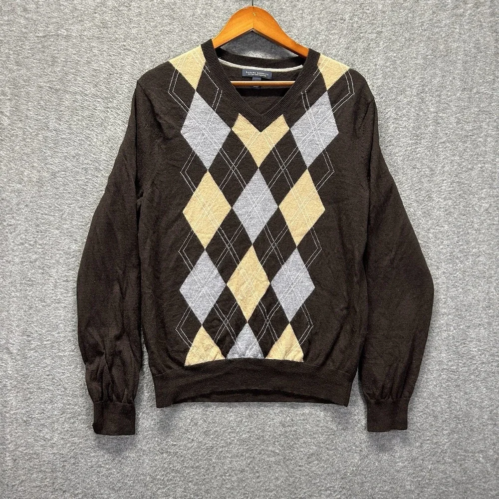 Banana Republic Sweater Large 100%‎ Extra Fine Merino Wool V Neck Brown Argyle